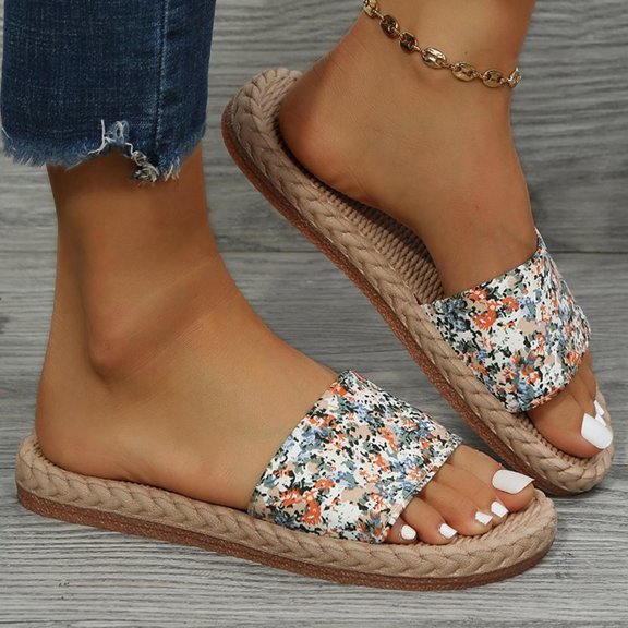 Tejiojio Retro Boots For Women,Vintage Women's Floral Cloth Sandals Straight Line Shoes Woven Flat Bottomed Slippers