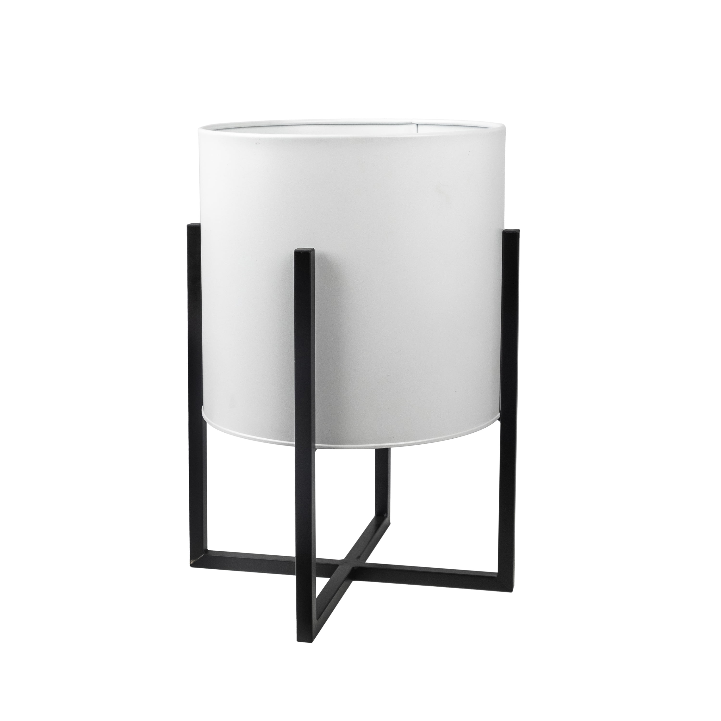 Mainstays 11 inch White Round Metal Planter with Black Metal Stand, 11 in Length x 15 in Height, Indoor