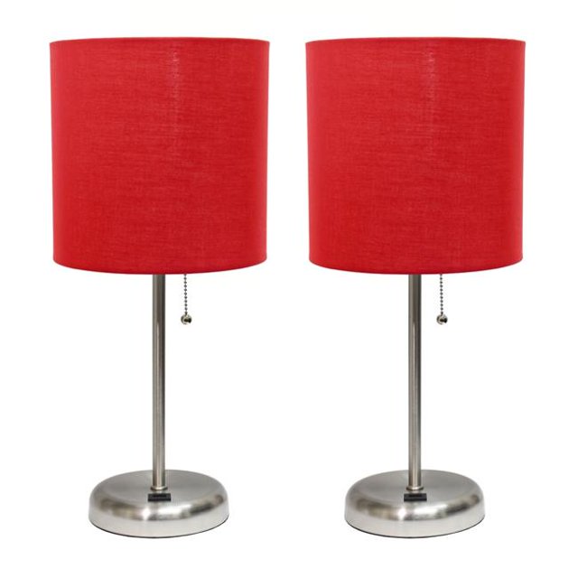 Lampe Stick avec Port de Charge USB et Abat-Jour en Tissu, Rouge - Lot de 2