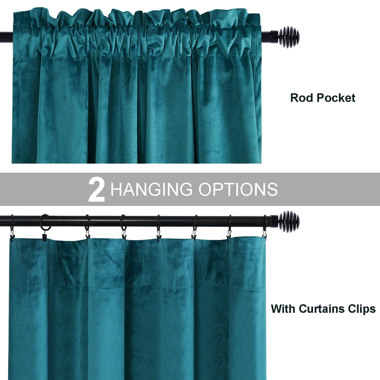 JIUZHEN Teal Room Darkening Velvet Curtains 90 inches Long for Living Room, Soft Rod Pocket Thick Noise Reducing Window Drapes for Bedroom Home Office, 52W x 90L, Set of 2 Panels with Tiebacks