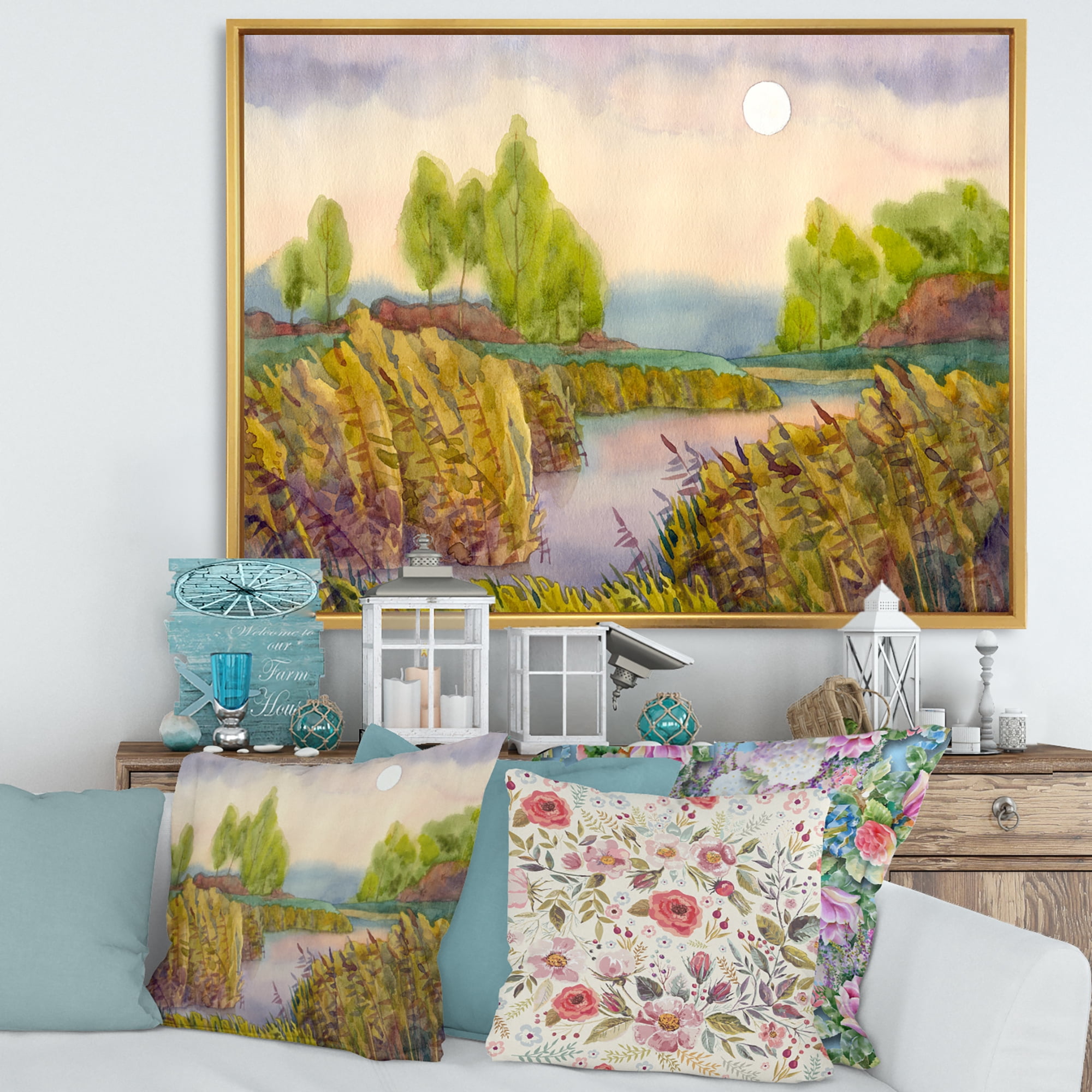 Designart 'Lake In The Reeds With Full Moon' Nautical & Coastal Framed Canvas Wall Art Print