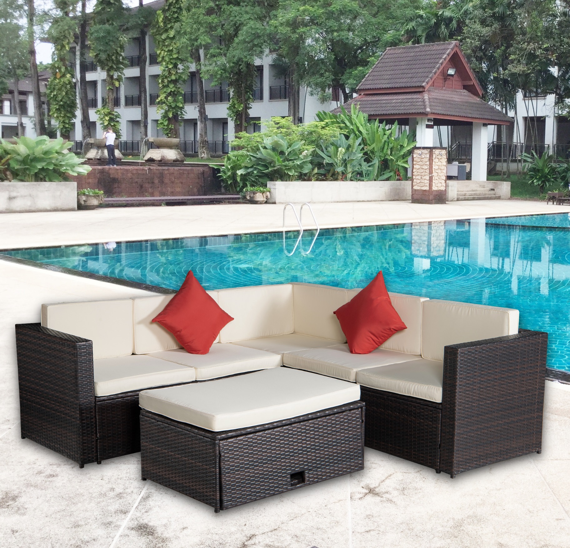 Outdoor Furniture Sets Sofa Sets, 4 PCS Conversation Sets Sectional Furniture Set with 2 Loveseat, Corner Chair, and Wicker Table for Garden Poolside Deck, LJ3268 - image 1 of 11