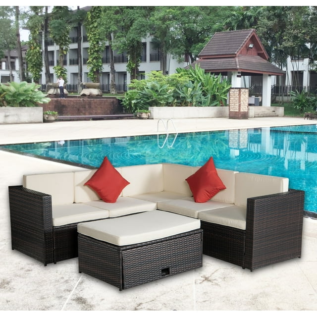 Outdoor Furniture Sets Sofa Sets, 4 PCS Conversation Sets Sectional Furniture Set with 2 Loveseat, Corner Chair, and Wicker Table for Garden Poolside Deck, LJ3268