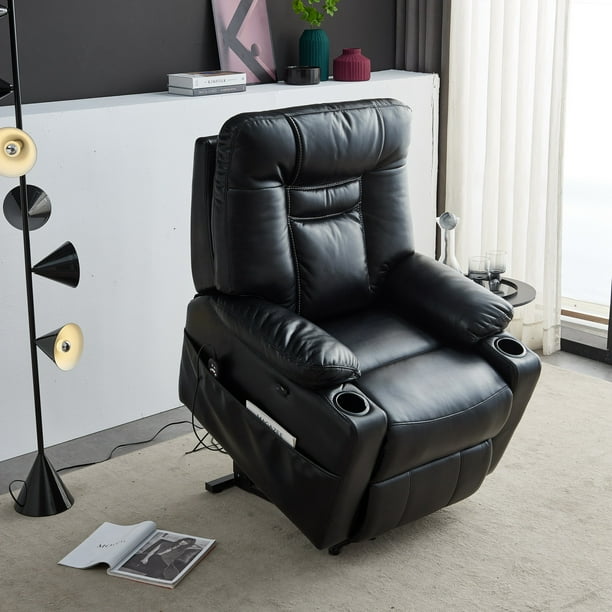 Lift Recliner Electric Chair With Heat Therapy And Massage Function Faux Leather Sofa For Elderly Extra Wide Power Remote Control Cup Holder Side Pocket Black Lift Recliner Electric Chair With, Faux Leather Reclining Heated Massage Chair