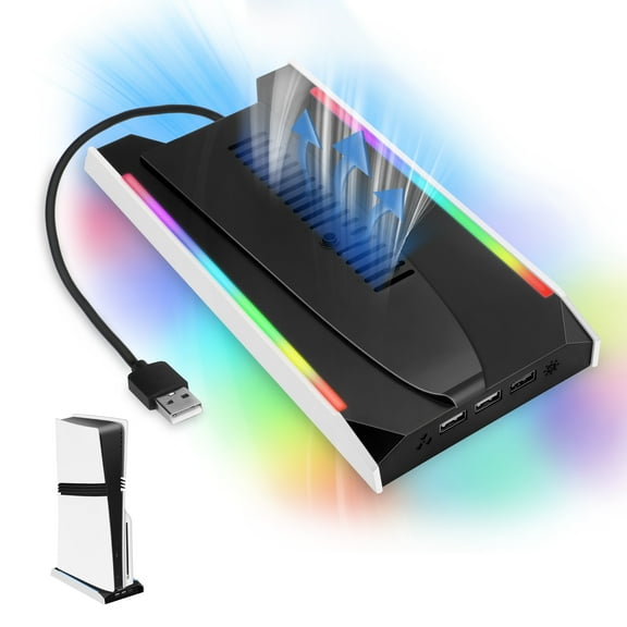 EEEkit RGB Cooling Fan Stand Fit for PS5 Pro/Slim Disc & Digital Editions with Adjustable Fan Speed, USB Charging Ports