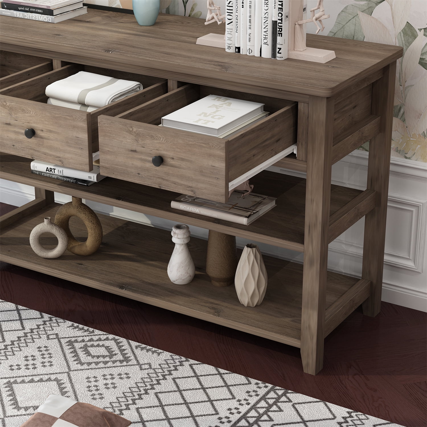 47" Console Table with 3 Drawers and 2 Open Shelves, Modern Sofa Table with Wood Frame and Legs, Entryway Table for Living Room Kitchen, Wash Gray