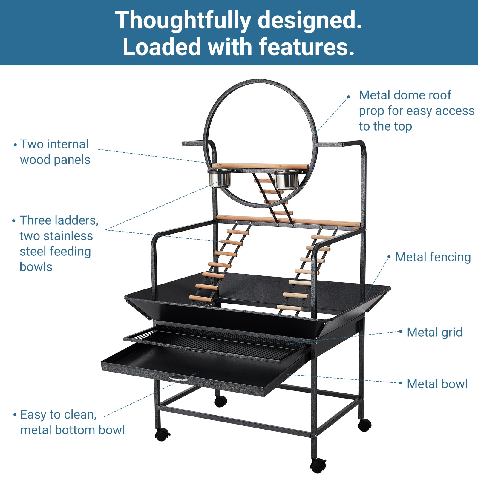 Spacious Metal Bird Cage with Play Top – Rolling Stand. Storage Shelf. -Out Tray – Flight Cage for Parrots. Cockatiels. Conures. Parakeets. Budgies. Lovebirds. Finches. Canaries – White