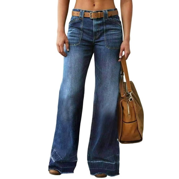 Wide Straight Leg Mid Rise Baggy Pocket Denim Jeans Without Belt Dark Blue L