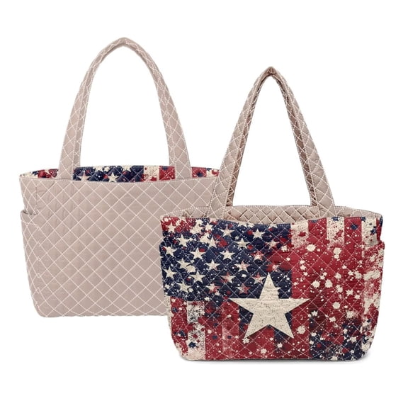 Pzuqiu US Flag Star Print Large Quilted Tote Bag for Women, Lightweight Puffer Tote Casual Carryall for Work Travel Daily Errands Holiday Use
