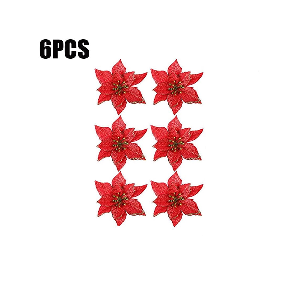 6PCS Glitter Christmas Artificial Flowers Christmas Poinsettia Decor Christmas Tree Wreaths Ornaments for Christmas Home Wedding Party