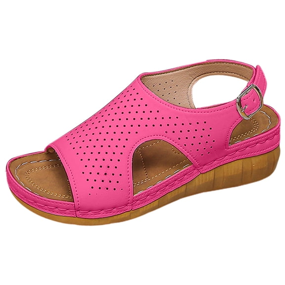 Orthopedic Sandals for Women Open Toe Breathable Hollow out Slingback Low Wedge Summer Beach Shoes Comfortable Arch Support Nonslip Walking Shoes Hot Pink Size 9