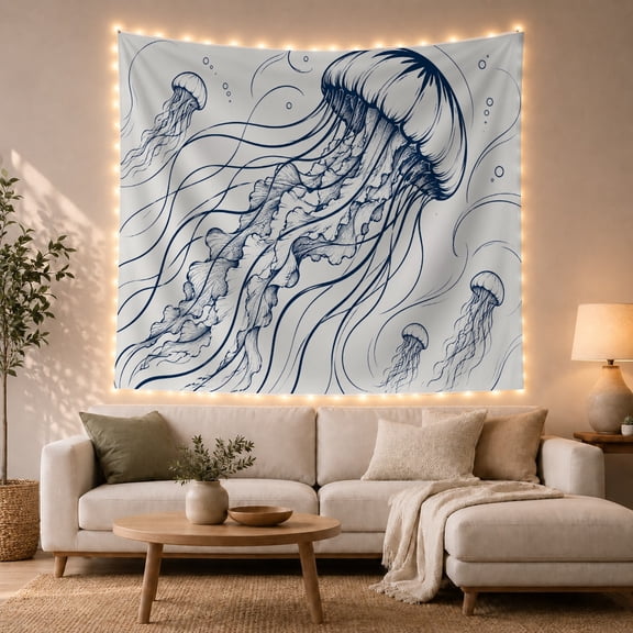 Jellyfish Illustration with Bubbles in Ocean Currents, Calming Illustration for Ocean Lovers, Marine Life Wall Decor, Housewarming Gift, Tapestry Wall Hanging for Bedroom and Living Room