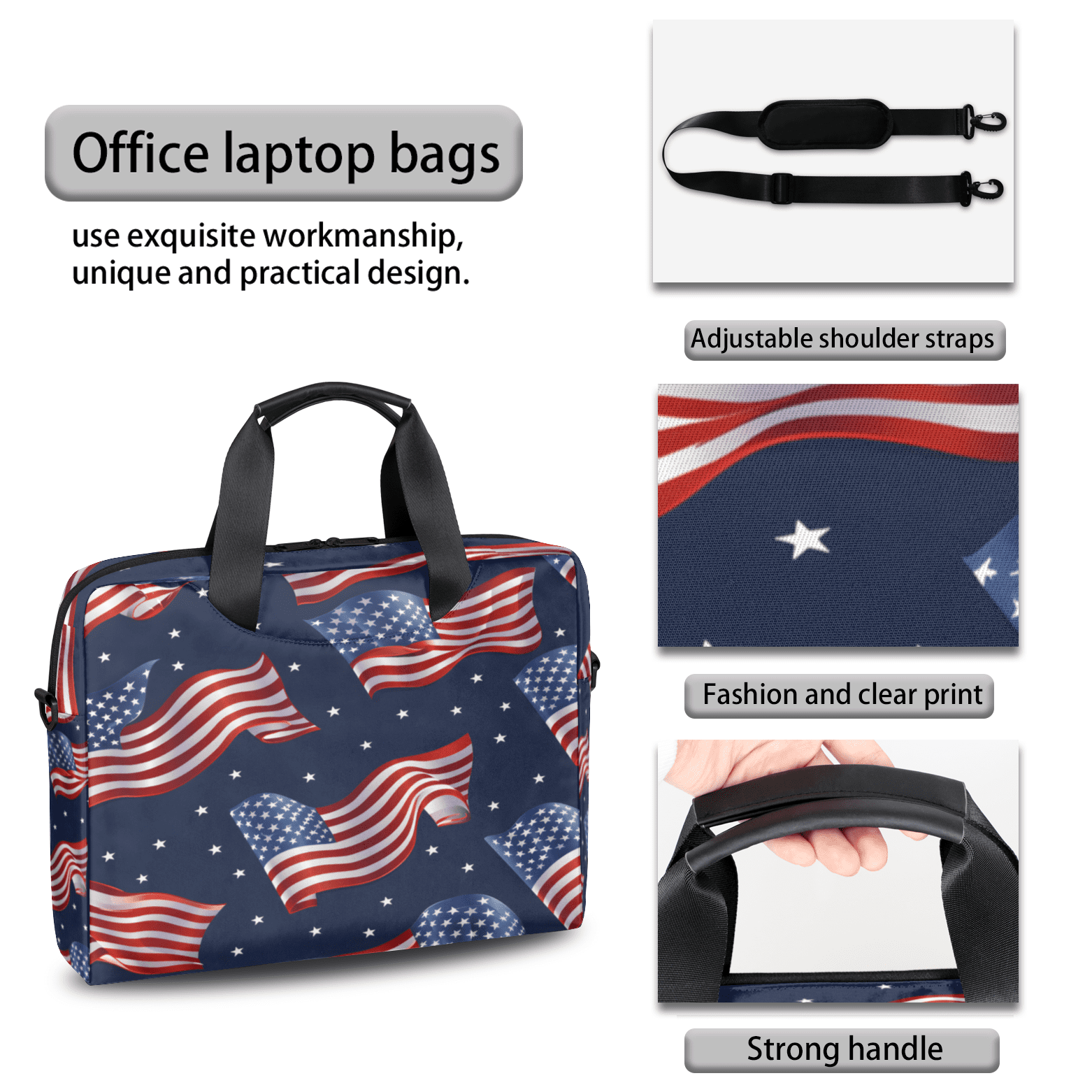 Herdesigns American Flag Laptop Bag for Women Men, Computer Case Briefcase Messenger Bags, 15-15.6 inch Laptop Sleeve Shoulder Bag