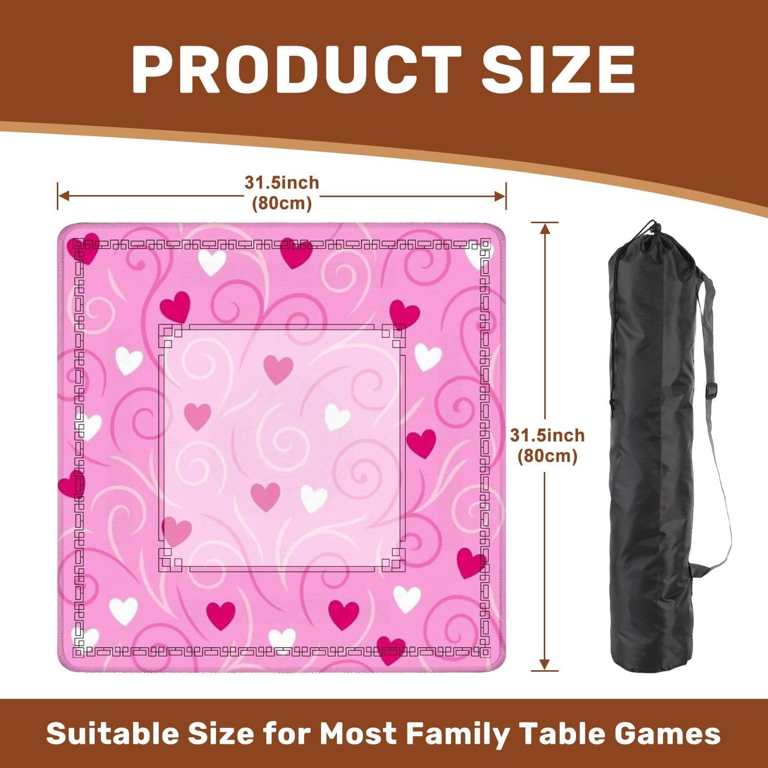 Mahjong Mat 31.5" x 31.5" Pink Swirls Hearts White Dark Red Accents Non-Slip Noise Reduction Mahjong Tiles Table Cover for Dominoes Poker Card Board and Tile Games