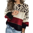 thumbnail image 3 of Female Oversized Knit Sweater, Casual Long Sleeve Pullover, Fall Winter Top, Leopard Soft Long Sleeve Knitwear Red S, 3 of 7