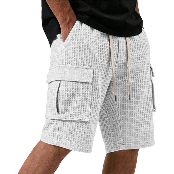 Men's Waffle Knit Cargo Shorts with Drawstring Elastic Waist and Multiple Pockets, Solid Color Casual Summer Bottoms, Loose Fit Workwear Pants for Outdoor Activities