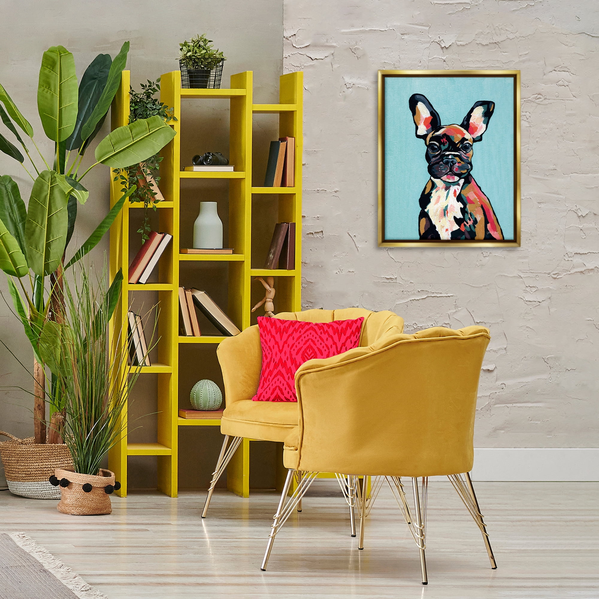 Stupell Industries French Bulldog Modern Animals Painting Gold Floater Framed Canvas Art Print Wall Art, 17 x 21