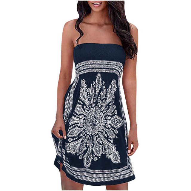 Fesfesfes Boho Robe pour les Femmes Plissé Tube Top Bustier Mini Robe Vintage Imprimé Floral Robe de Printemps Décontractée de la Robe de Plage Épaule