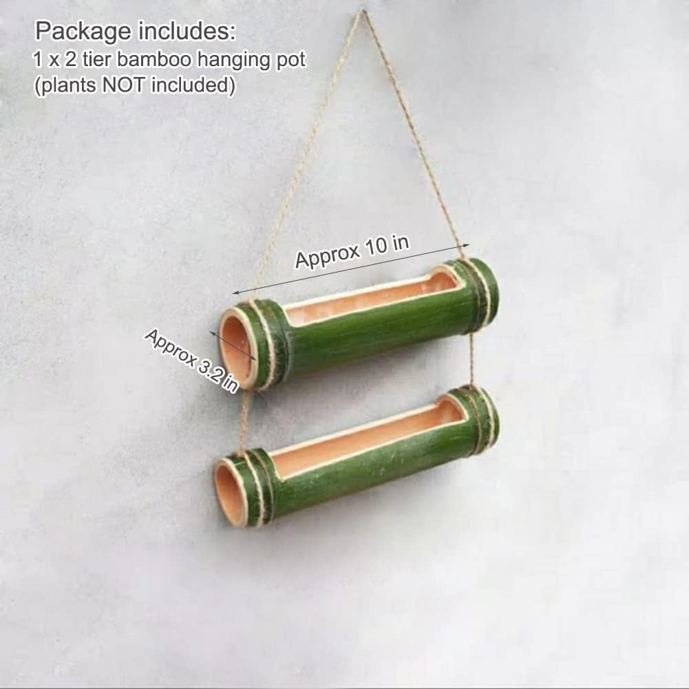 Bamboo Hanging Succulent Planter Hanging Planters for Indoor Plants, 2 Tier Hanging Pot Wall Planters for Indoor Plants, Hanging Plant Holder for Succulent Air Plant Herb (Green)