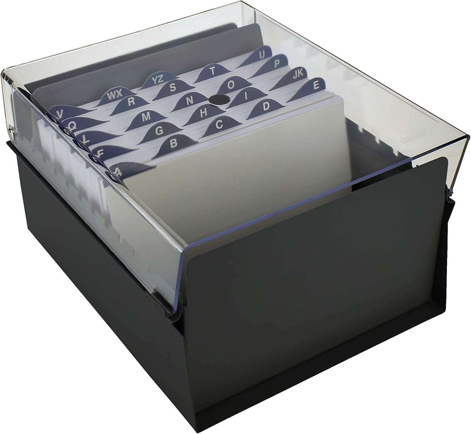 Acrimet 5 X 8 Card File Holder Organizer Box Metal Base Heavy Duty (AZ Index Cards and Divider Included) (Black Color with Clear Crystal Plastic Lid Cover)