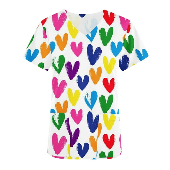 Pisexur Scrub Tops for Women Valentine's Day Short Sleeve Love Heart Print Working Uniform V-Neck Comfy Tunic Blouse with 2 Pockets
