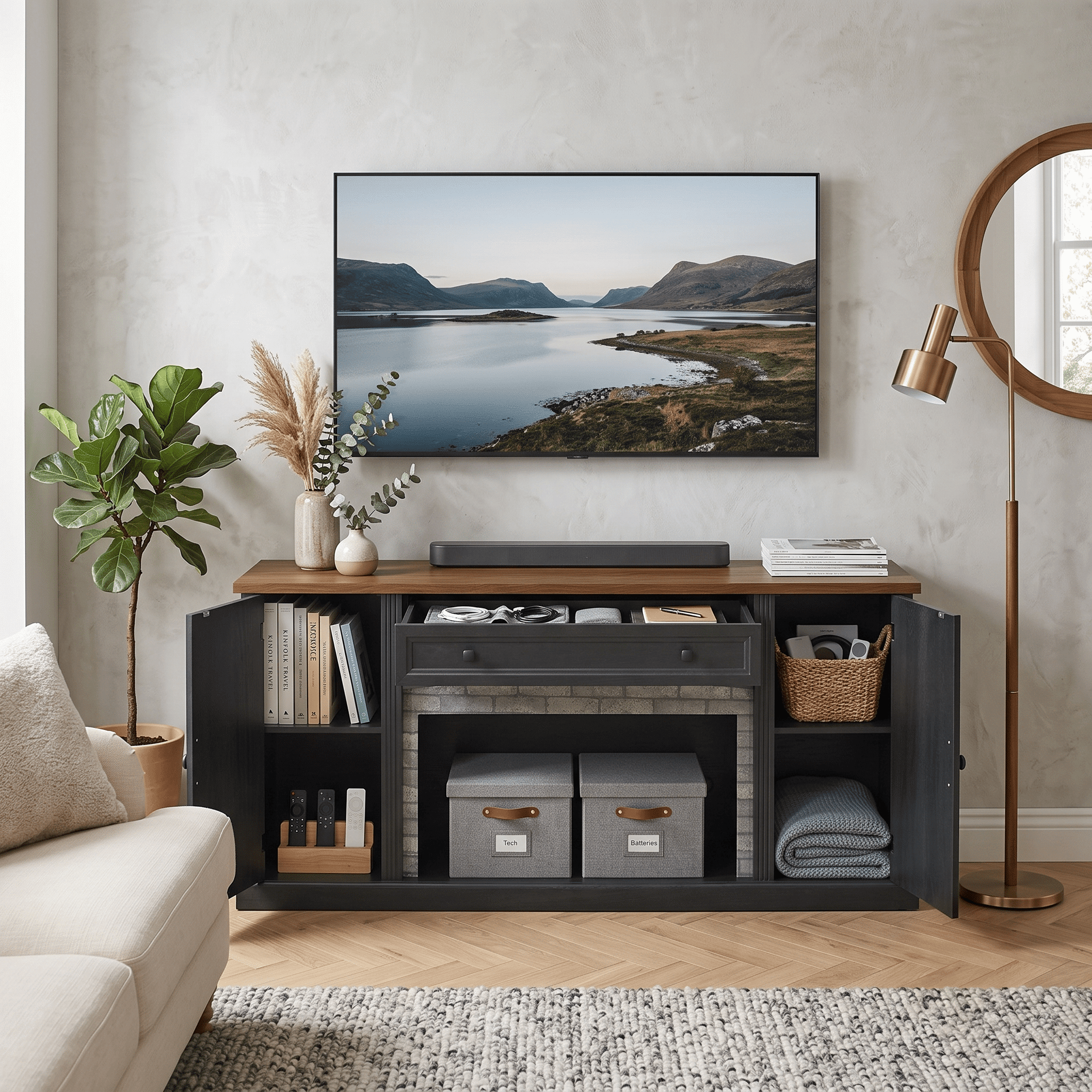 Homy Casa 67" Farmhouse TV Stand for 75" TVs, Media Console with Storage, Black