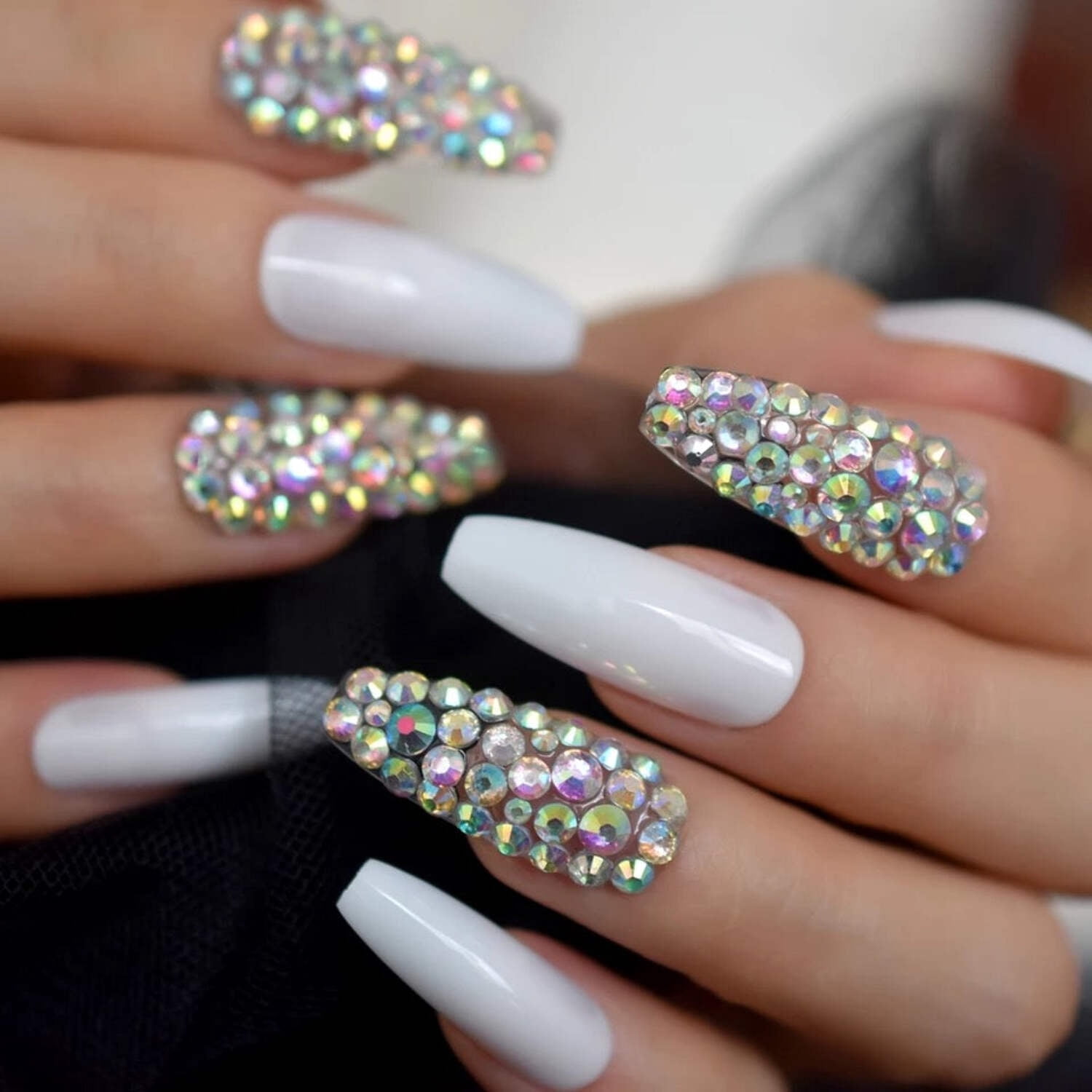 White 3D Crystal Press On Nails, Extra Long Ballerina False Tips Rhinestones Fake Nails Set