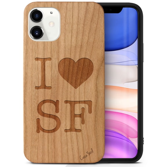 Case Yard Wooden Case Outside Soft TPU Silicone, Slim Fit Shockproof Wood Protective Phone Cover for Girls Boys Men and Women, Supports Wireless Charging Love SF Design case for iPhone-11