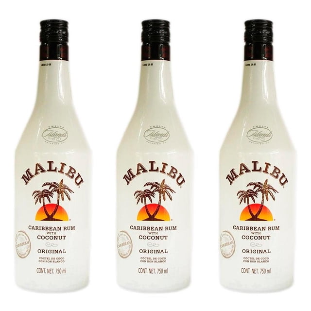 Paquete 3 Botellas Coctel de Coco Malibu Original con Ron Blanco 750 ml