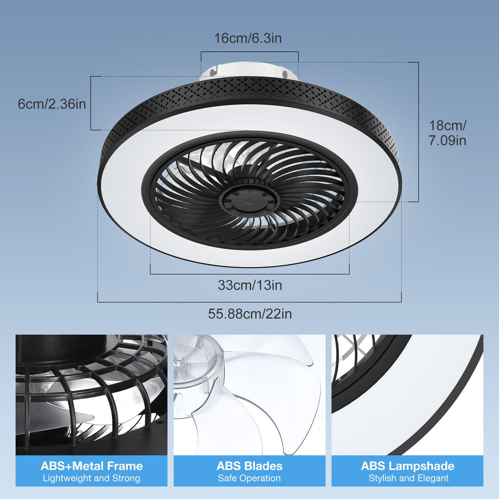 BLITZWILL 22 in Round Ceiling Fans with Lights, Dimmable Color Temperature and 6 Speeds, Remote & APP Control, Flush Mount Bladeless Reversible Motor, Black