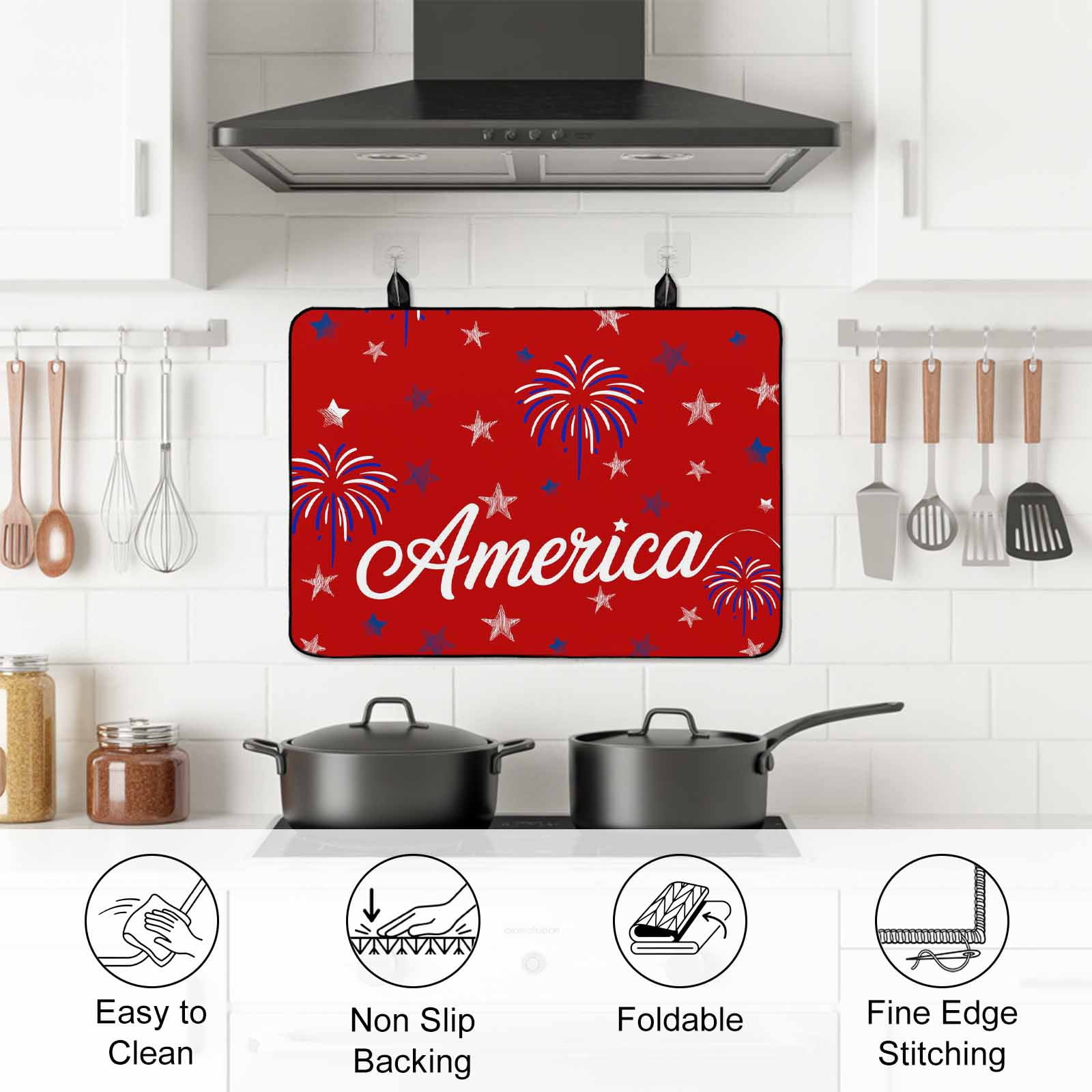 USA Independence Day Stove Top Cover for Electric Stove, Heat-proof & Non Slip Glass Top Stove Cover Protector, Red Fireworks Stars Kitchen Flat Cooktop Rubber Mat 24x21 Inches