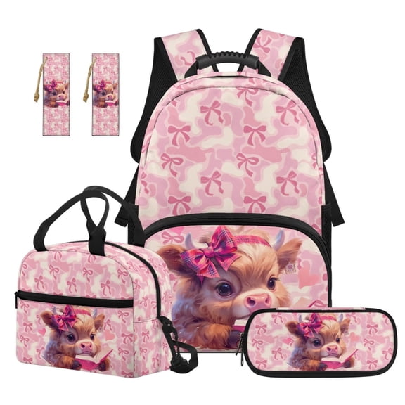 Jeiento 4 Piece 17 Inch Kids Backpack and Lunch Box Set, Cute Highland Cow School Backpack Set with Adjustable Padded Straps for Elementary Girls School Travel