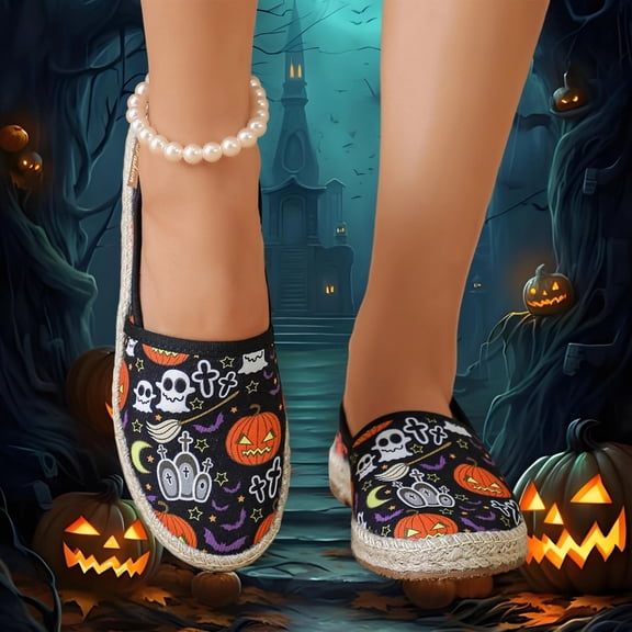 IEMIEMIEM Canvas Shoe for Women Halloween Cute Pumpkin Ghost Print Loafers Slip on Flat Shoes Embroidered Cloth Walking Sneakers 8.5 wide
