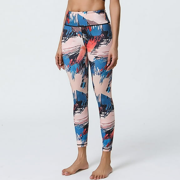 Jinhomg 2024 Fall Fashion Yoga Pants for Women High Waist Tummy Control Athletic Leggings Trendy Printed Slim Fit Stretch Leggings Summer Saving Blue S