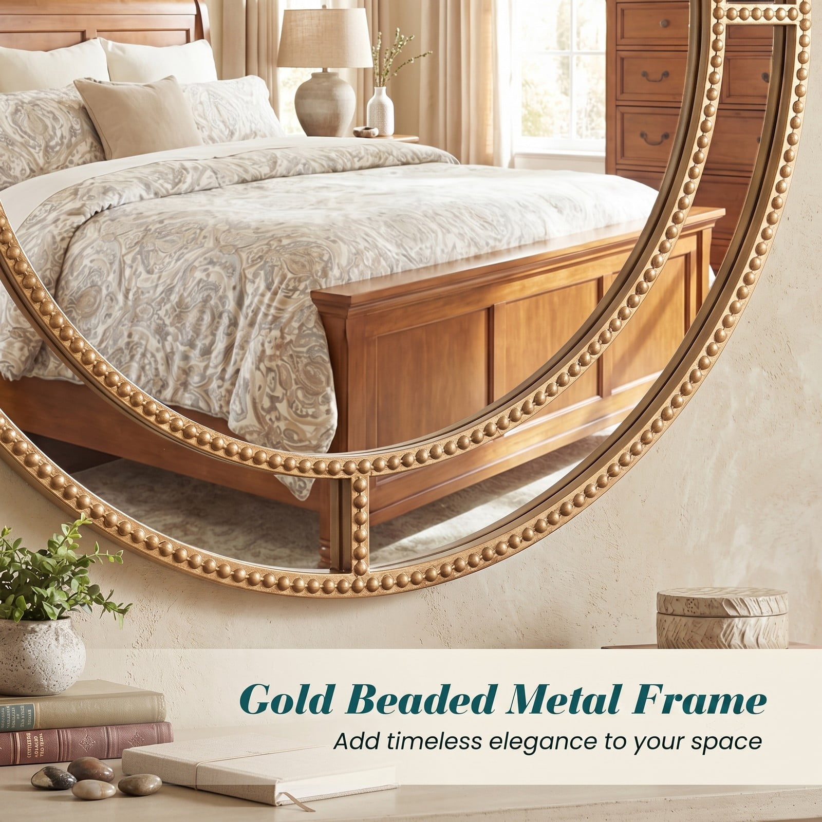 ALPULON 28 Inch Round Wall Mirror with Gold Beaded Metal Frame, HD Distortion-Free Decorative Hanging Mirror for Living Room Bedroom Entryway Bathroom, Gold