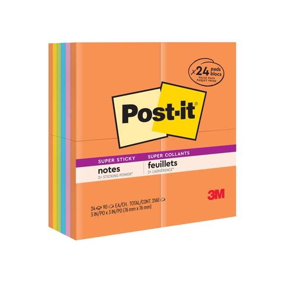 Post-it Super Sticky Notes, Energy Boost Collection, 3 in. x 3 in., 24 Pads