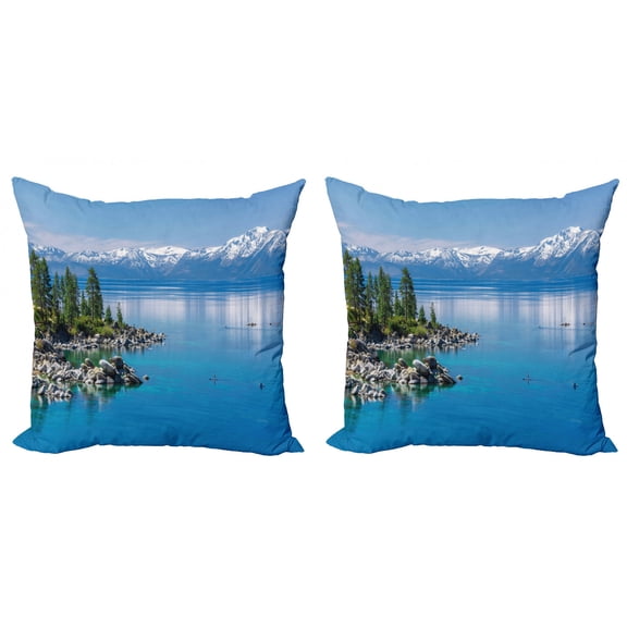 Ambesonne Landscape Throw Pillow Cover 2 Pack, Blue Water Lake Tahoe, 24", Pale Blue Green Grey