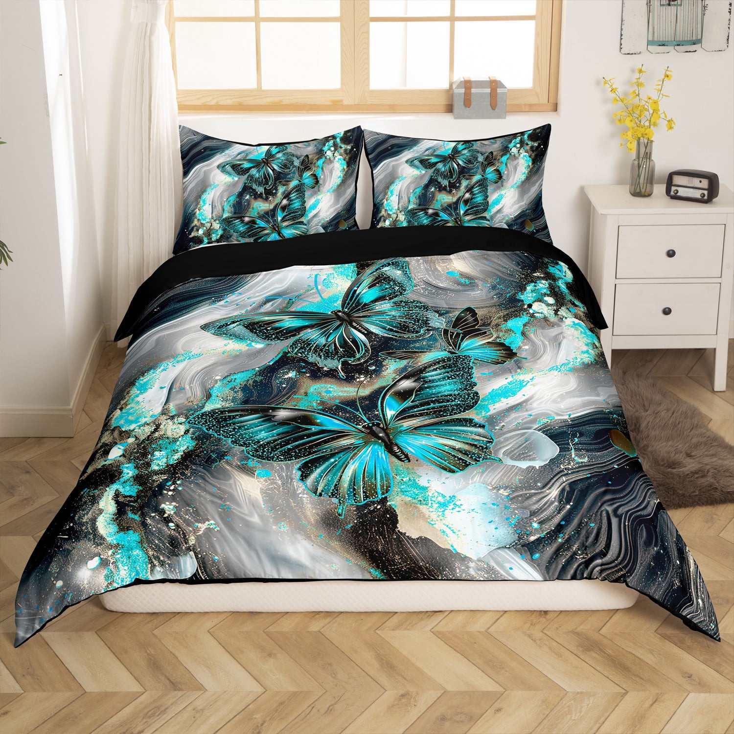 Black Marble Duvet Cover Set Blue Butterfly Comforter Cover,Cyan Marbling Queen Bedding Sets,Abstract Ombre Ink Fluid Art Bed Set Rustic Animal Dreamy Butterflies Room(No Comforter)
