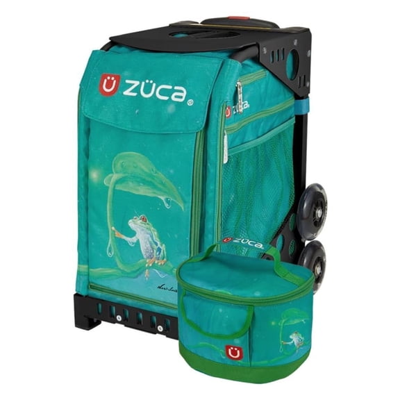 Zuca Sport Frame for Sport Insert Bags (Black with Plain Wheels) Bundle with Zuca Removable Froggy Friend Insert and Matching Lunchbox with Water-Resistant 600D Polyester (2 Items)