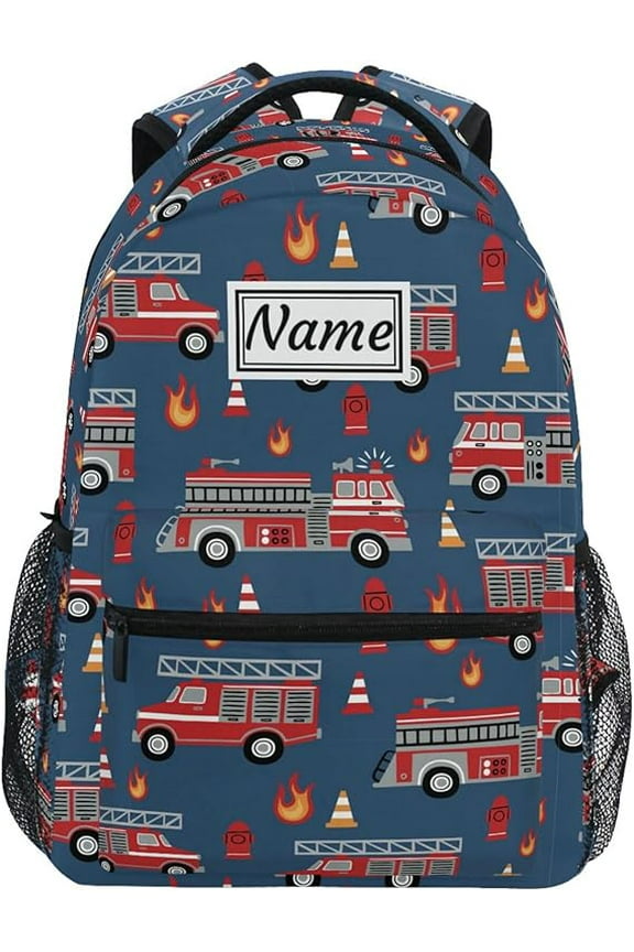 Custom Backpacks Personalized Fire Trucks on Dark Blue Bookbag with Name Schoolbag Backpack 16"