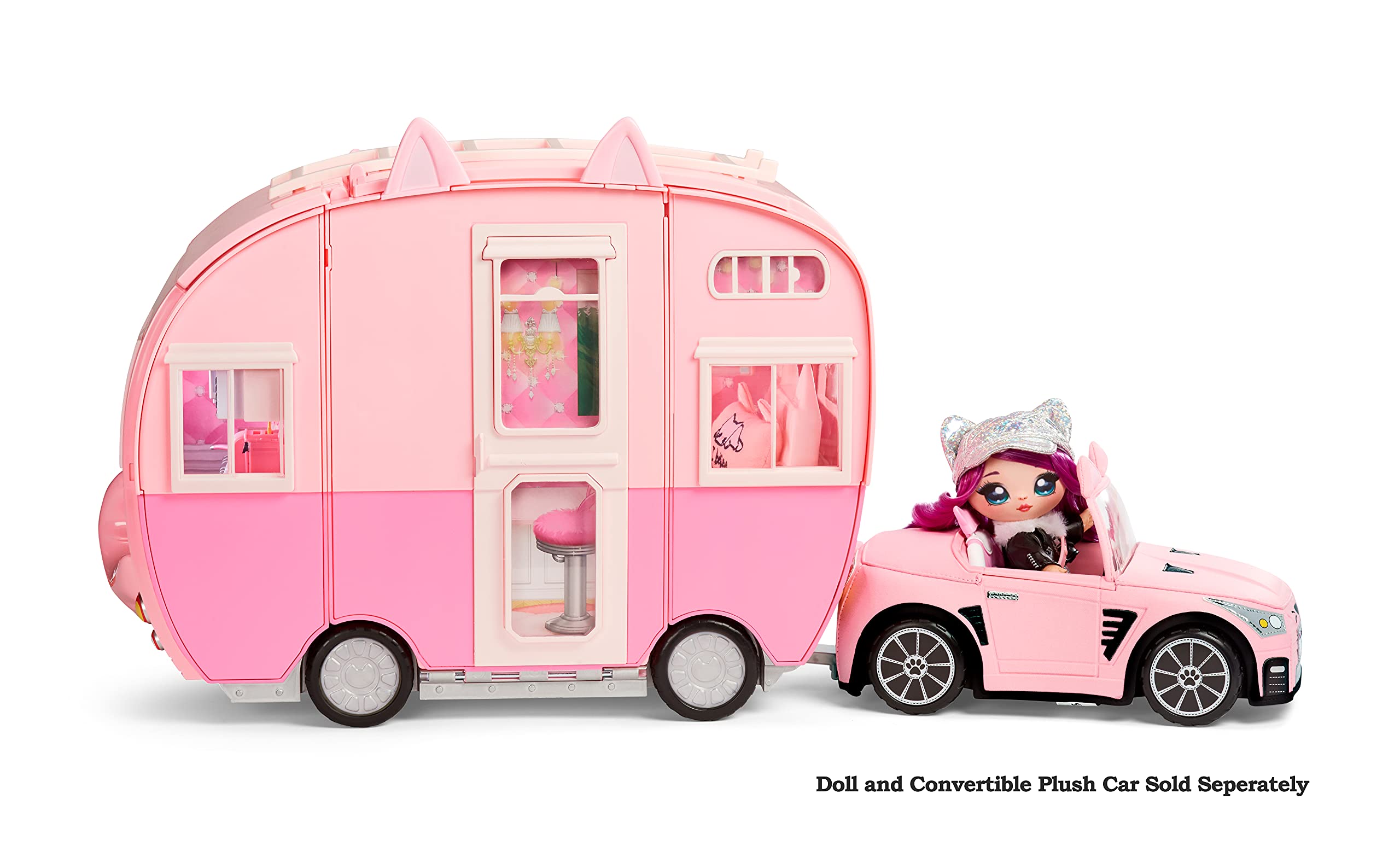 Na Na Na Surprise Kitty-Cat Camper Playset, Pink Toy Car Vehicle for Fashion Dolls with Cat Ears & Tail, Opens to 3 Feet Wide for 360 Play, 7 Play Areas, Accessories, Gift for Kids Ages 5 6 7 8+ Years - image 4 of 11