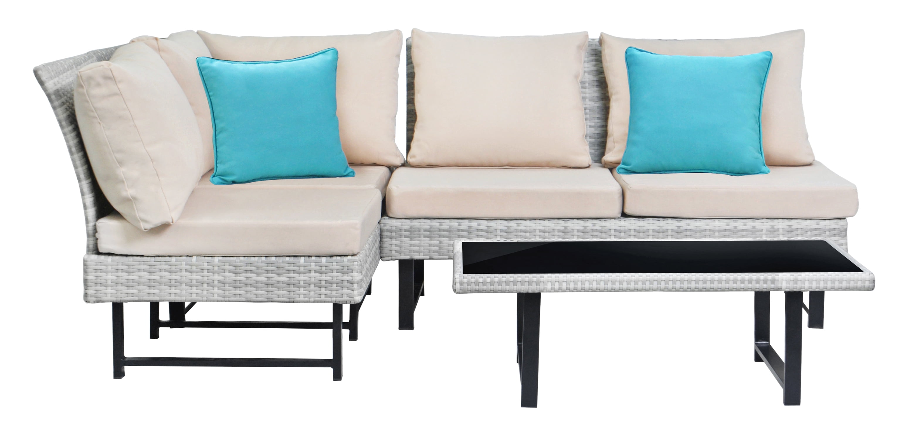 Safavieh Aleron Outdoor Sectional & Coffee Table w/ Teal Pillows