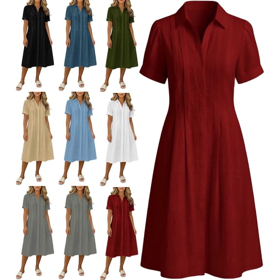 2026 Summer Dress for Women Cotton Linen Short Sleeve Button Down Midi Dress with Pleated Front & Collar