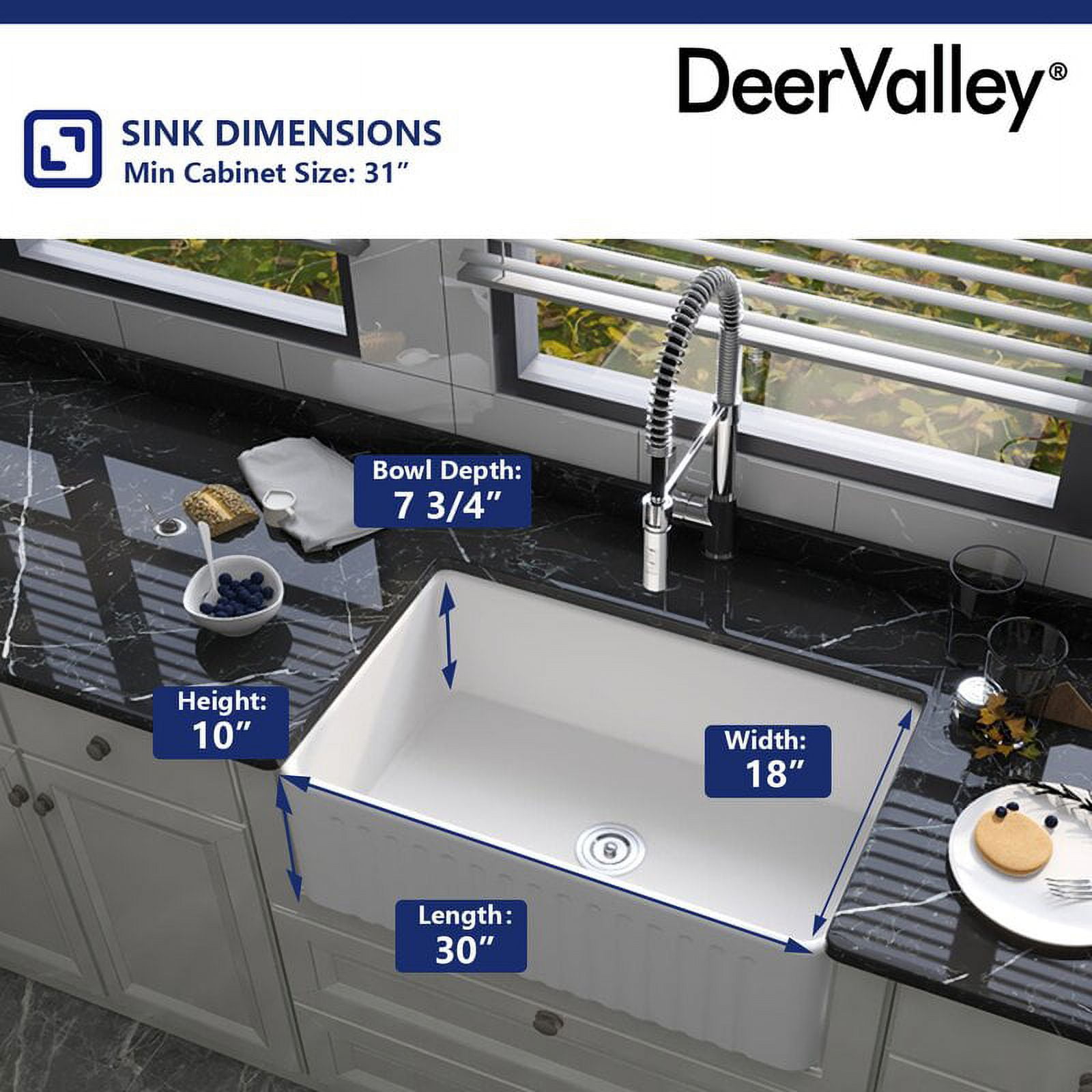DeerValley DV-1K026 Ceramic Farmhouse Kitchen Sink with Grid and Strainer,30" L x 18" W x 10" H