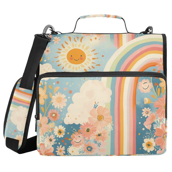 FORMRS Zipper Binder with Shoulder Strap 2-inch Ring 500 Sheet Capacity File Bag, Beige Rainbow Clouds