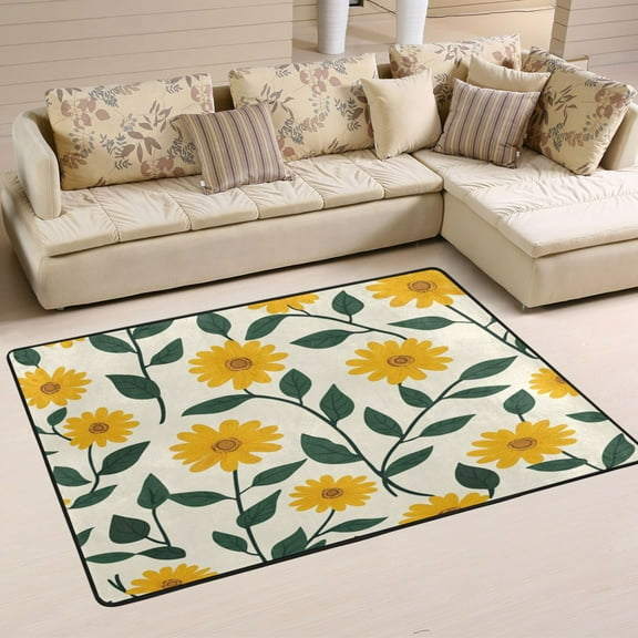 Non-Slip Area Rug 36"x24" Indoor Washable Floor Mats Carpet Printed for Living Room, Bedroom, Home Decor Yellow Daisy Flowers