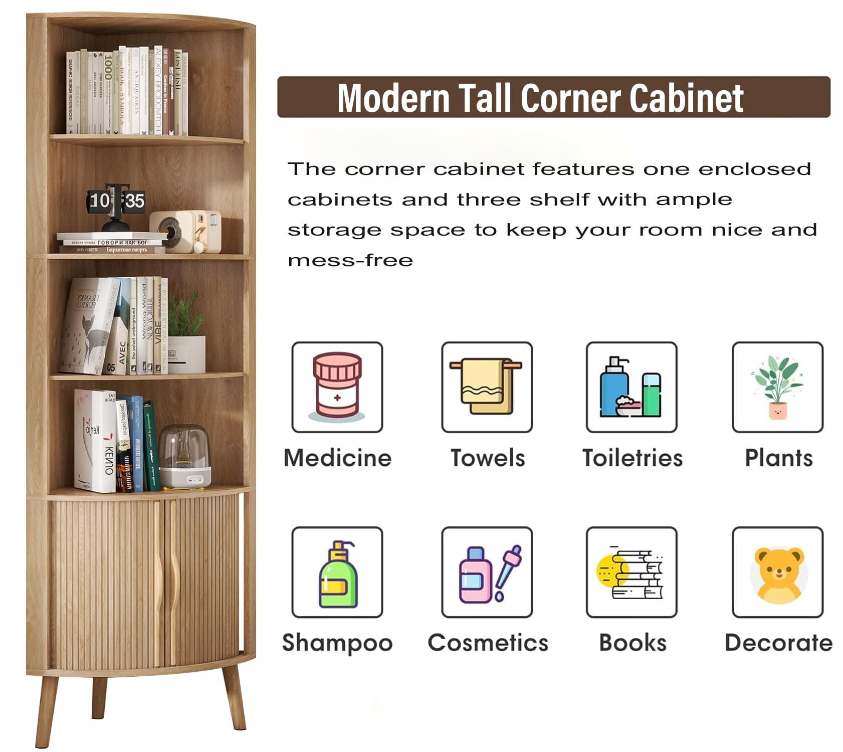 Modern Corner Cabinet, 66.7" Tall Bathroom Storage Cabinet with 2 Fluted Doors & Shelves for Kitchen, Living Room, Wood