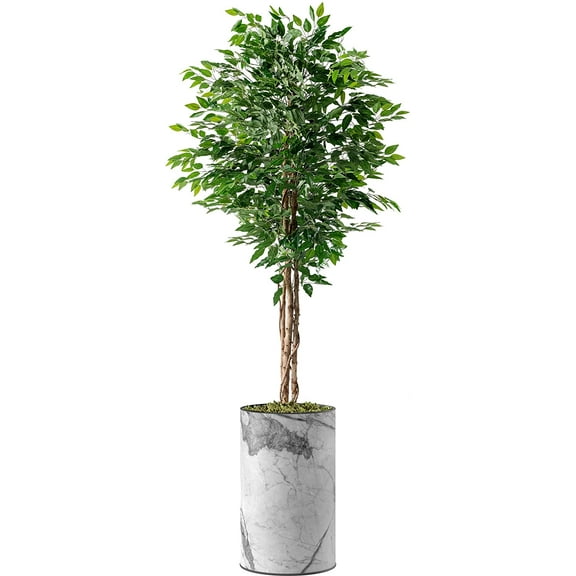 Artificial Tree in Gray Marble Effect Planter, Fake Ficus Silk Tree for Indoor and Outdoor Home Decoration - 66" Overall Tall (Plant Pot Plus Tree)
