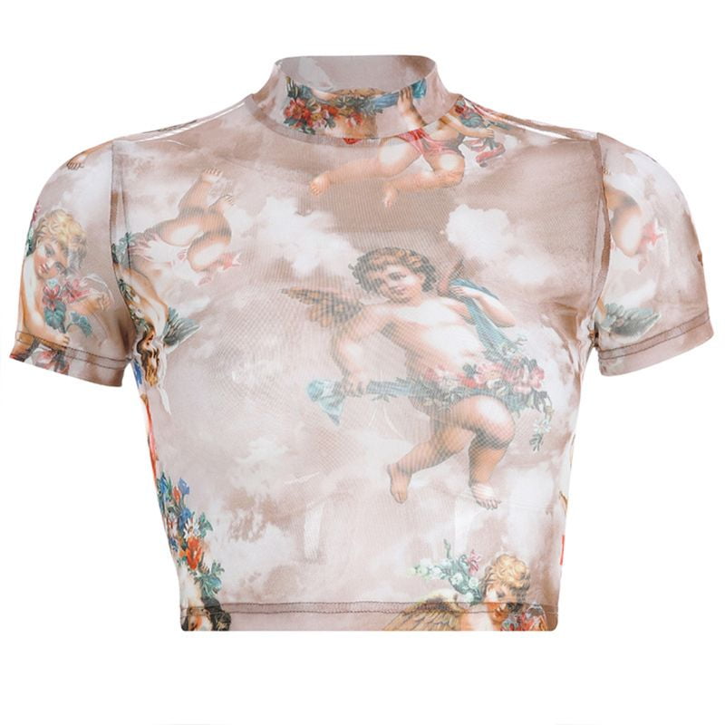 Angel Print Turtleneck OOKWE Women Summer Short Sleeve Turtleneck