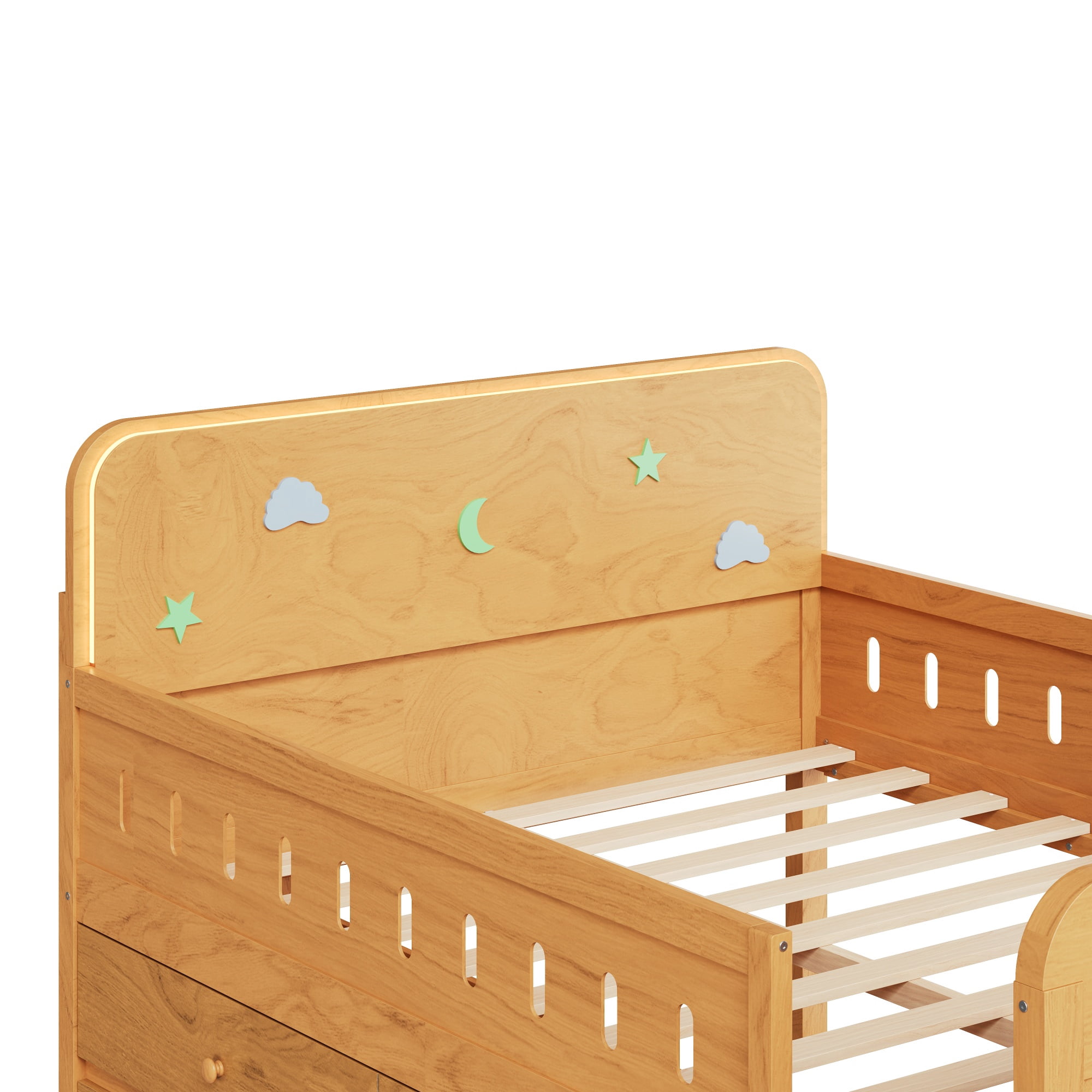 Euroco Wood Full Size Platform Bed with 4 Drawers and LED Light, Low Profile Kids Bed with Storage, White